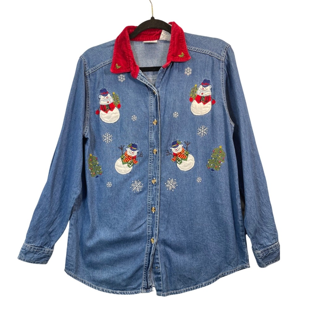 Bobbie‎ Brooks Women Denim Shirt Snowman Christmas Embroidery Red Collar Size S